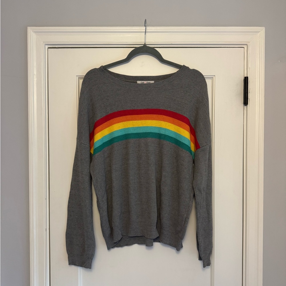 Gab & Kate Gray Sweater with Rainbow Stripes
